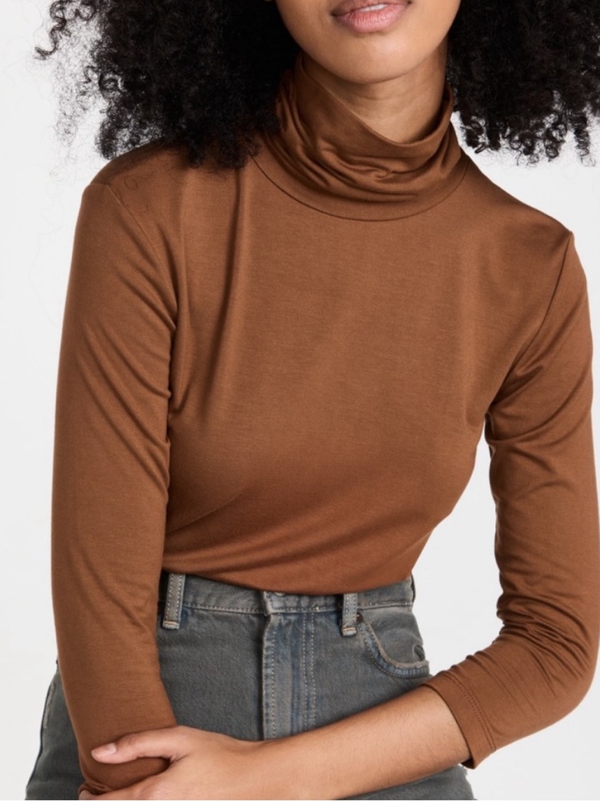 Nwt L’agence Aja Turtleneck Stretch Fitted Top 3/4 Sleeve Nubuck Brown Sz L